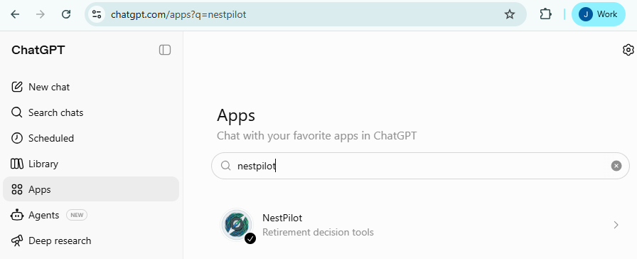 ChatGPT apps search showing NestPilot in the results.