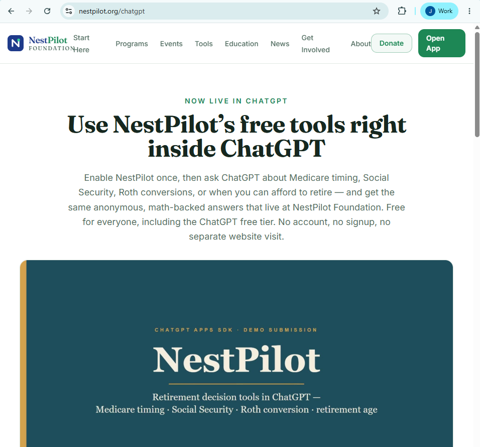 NestPilot Foundation ChatGPT on-ramp page showing the free tools framing.